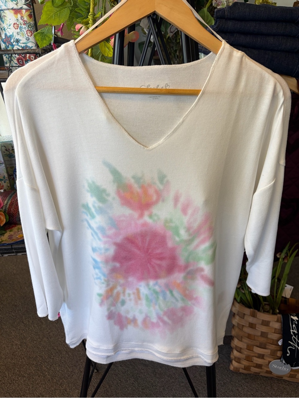 CHARLIE B White V-Neck Tunic with Pastel Floral Tie-Dye